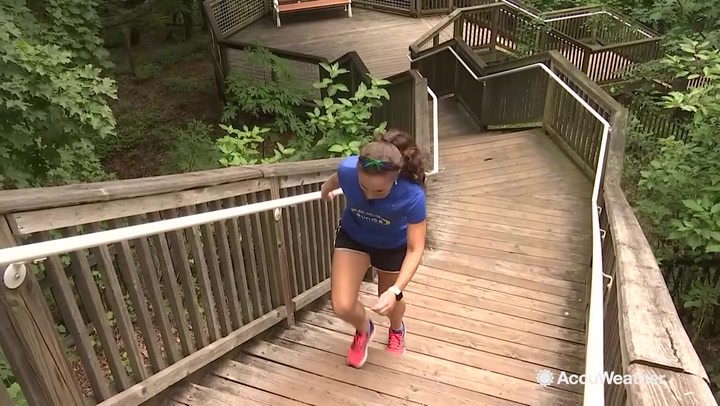 AccuWeather Meteorologist Laura Velasquez takes a run up hundreds of stairs at Mt. Pisgah, part of Ottawa Beach Park, to showcase the plentiful vistas offered up at the top.