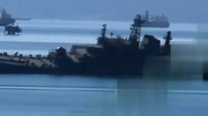 Drone footage shows moment Russian warship attacked