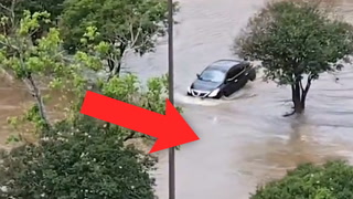 Watch as driver makes costly error in flooded parking lot