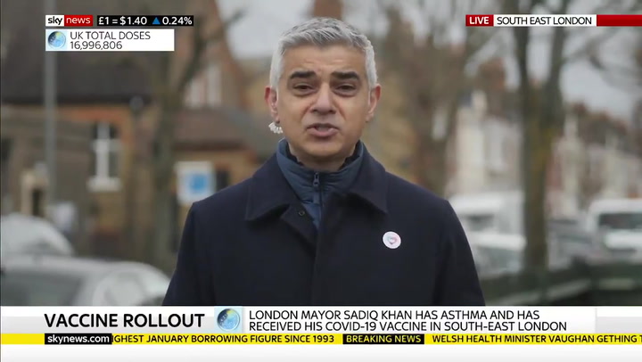 Sadiq Khan 'delighted' after receiving the first dose of coronavirus vaccine