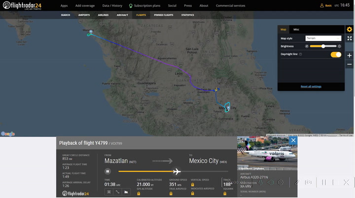FlightRadar24 registró el comportamiento de la aeronave de Volaris