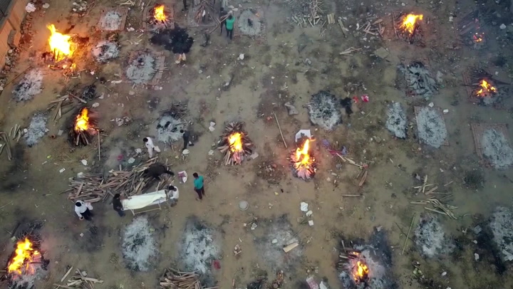 Drone footage shows non-stop mass cremations in New Delhi