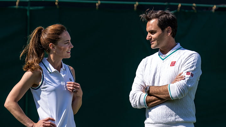 Princess of Wales plays doubles tennis with Roger Federer at Wimbledon