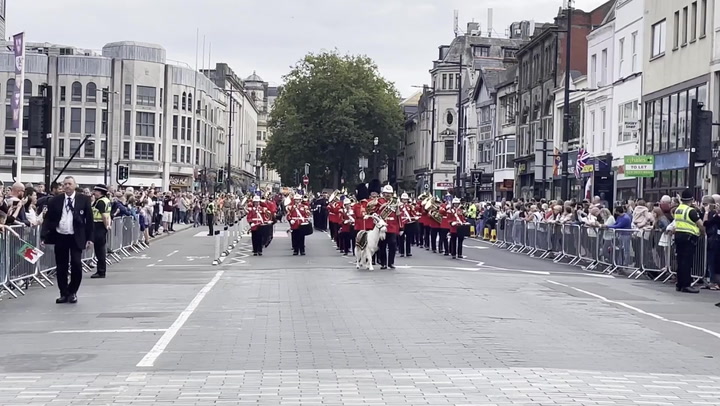 Royal Welsh led by goat as they march through Cardiff for proclamation of the King