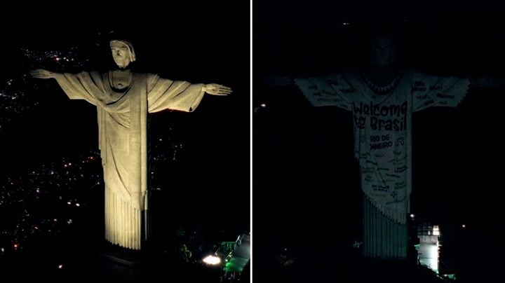 Taylor Swift T-shirt projected onto Christ the Redeemer statue