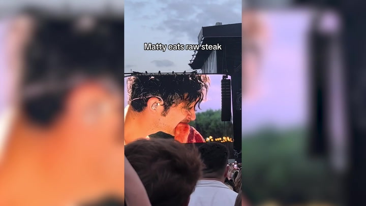 Matty Healy eats raw tomahawk steak during concert again