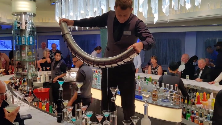 Martini Bar Bartender Pours 15 Martinis at Once on Celebrity Cruises