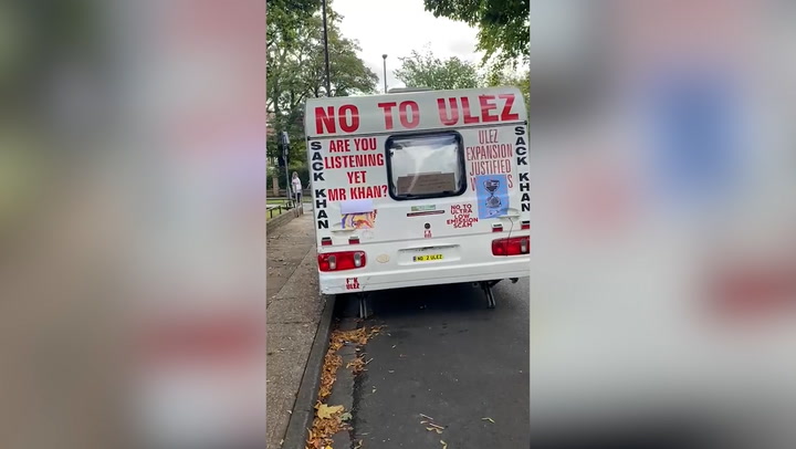 Caravan covered in Ulez protest slogans chained outside Sadiq Khan’s house