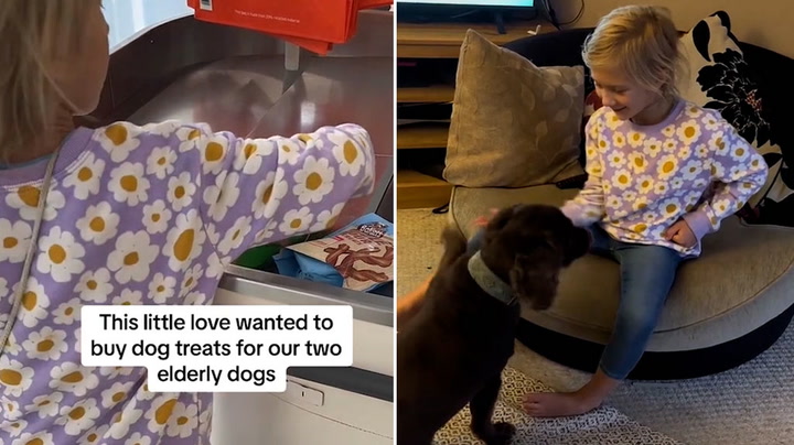 Young girl goes shopping with own money for first time and buys treats for her elderly dogs