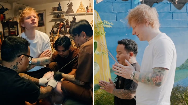 Ed Sheeran prays before getting traditional Thai tattoo on leg.mp4
