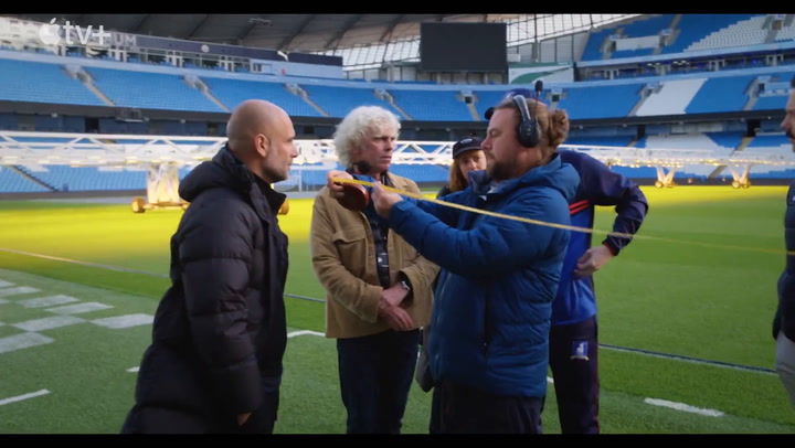 Behind-the-scenes as Pep Guardiola films Ted Lasso cameo at Man City