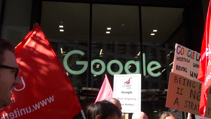  Google employees protest in front of London headquarters over redundancy plans.mp4
