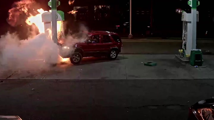 Gas station fire erupts after driver performs doughnuts