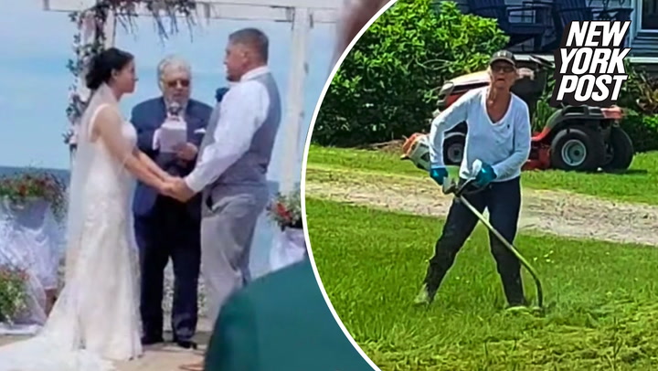 Woman interrupts neighbour's backyard wedding by mowing lawn