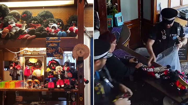 Moment police enter pub and seize dolls after a hate crime complaint