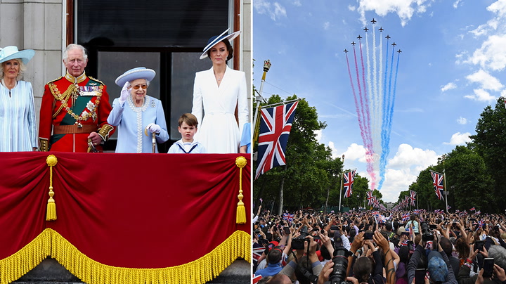 Queen watches spectacular fly-past over Buckingham Palace alongside royal family