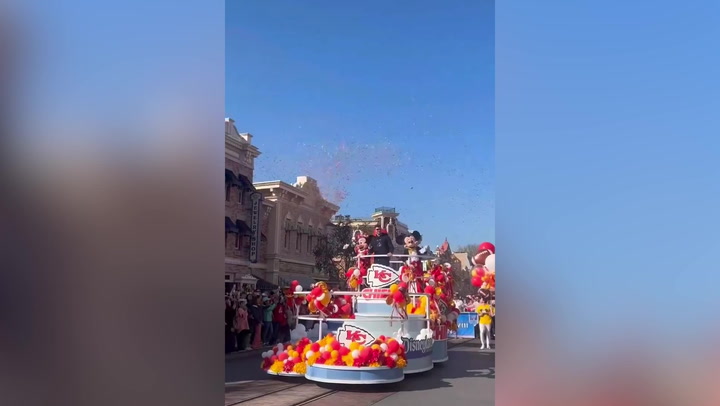 Patrick Mahomes greets crowds with Mickey Mouse at Disneyland after Super Bowl win