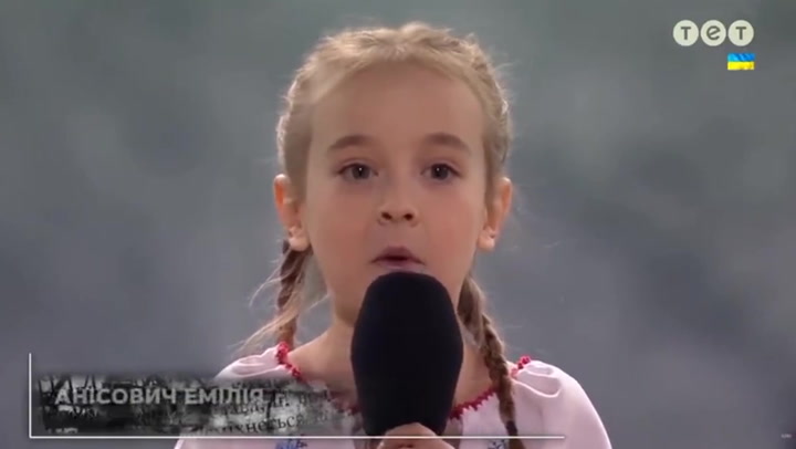 Amelia Anisovych: Ukrainian girl who sang ‘Let It Go’ in bomb shelter performs national anthem