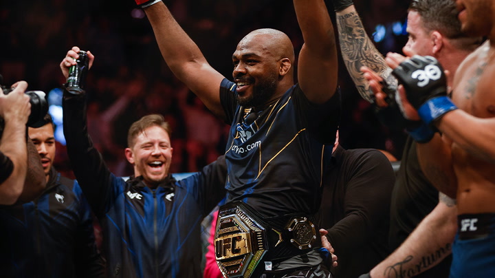 Jon Jones reacts after becoming UFC heavyweight champion with submission win over Ciryl Gane