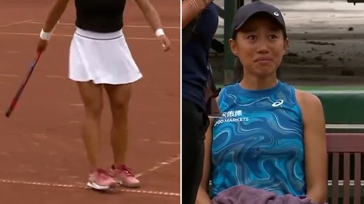 Tennis player sobs as she retires after opponent erases disputed mark on court