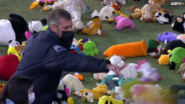 Football fans throw toys onto pitch so disadvantaged children don’t go without Christmas presents