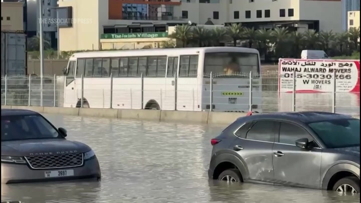 Cars abandoned in flooded streets after Dubai experiences record rainfall