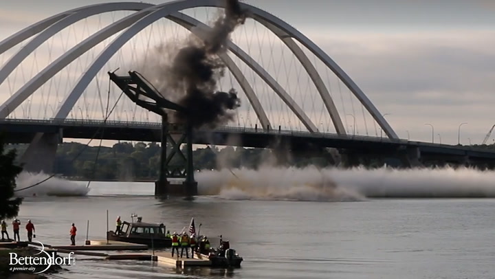 Controlled explosion brings down remains of Iowa bridge