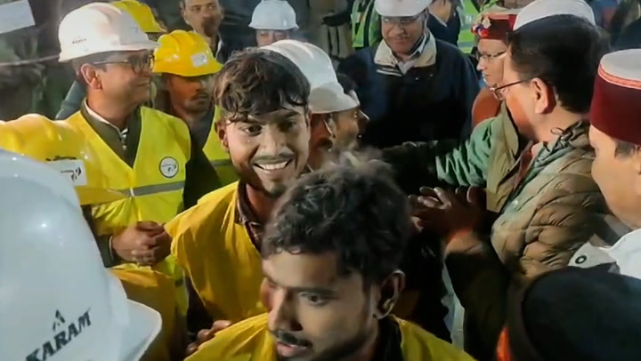 Moment first workers freed from collapsed Indian tunnel after being trapped for 17 days