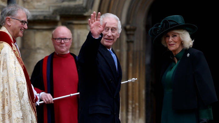 King Charles waves as he arrives for Easter Sunday church service in Windsor