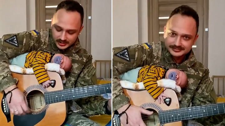 Ukrainian soldier sings lullaby about Russia and drones to newborn child
