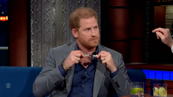 Prince Harry shows Stephen Colbert the necklace William broke