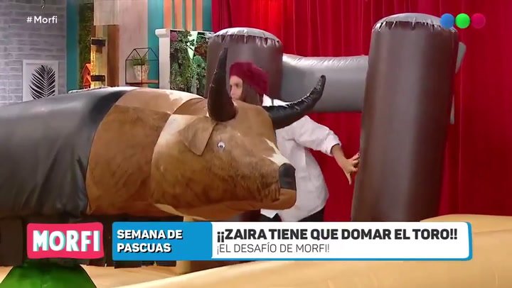 El gracioso y revelador blooper de Zaira Nara sobre un toro mecánico - Fuente: Telefé