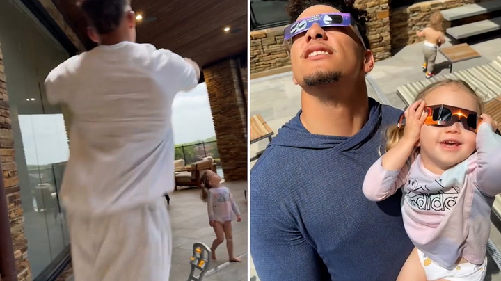 NFL star Patrick Mahomes races to cover daughter's eyes as she tries to look at eclipse