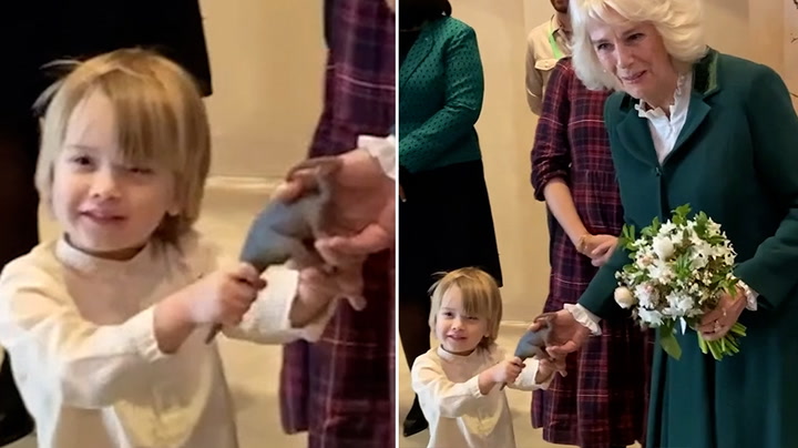 Little boy adorably tustles with Queen over toy dinosaur