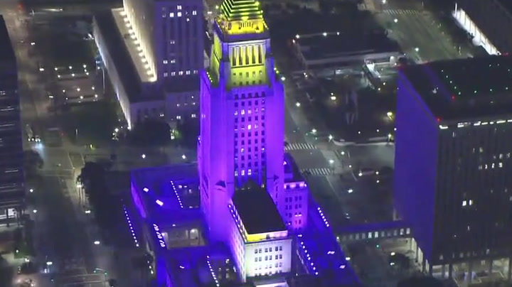 LA City Hall lit up purple and gold in honour of LeBron James NBA record