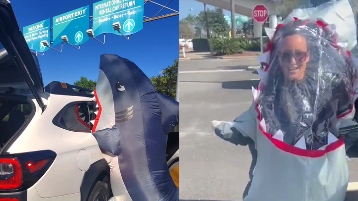 JAW-kward moment woman enters airport in shark costume at Daytona Beach International Airport