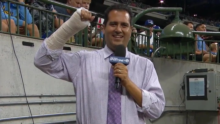 Baseball reporter goes down slide, crashes into wall, breaks arm live on air