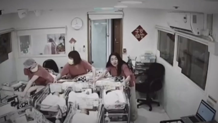 Taiwan: Moment nurses rush to protect newborns during earthquake