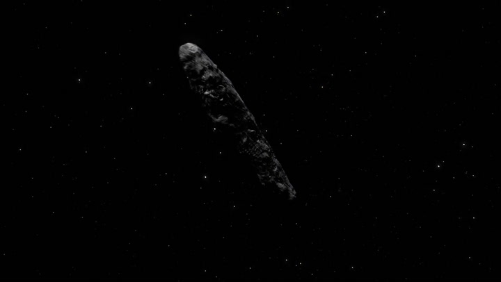 Animación de Oumuamua cruzando el sistema solar