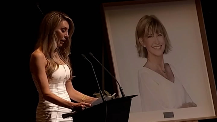Olivia Newton-John's daughter fights tears during emotional memorial service speech