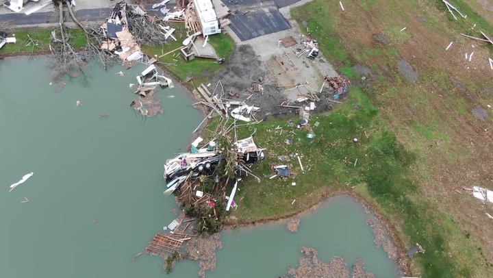 Aerial footage shows tornado damage across Indiana