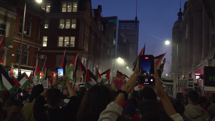 Protesters chant 'free Palestine' in front of Israel's London embassy