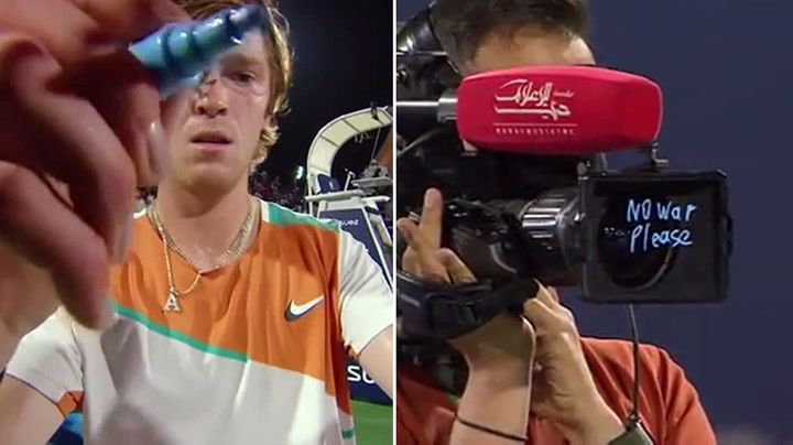 Russian tennis star Andrey Rublev writes ‘No War Please’ on camera lens after win in Dubai