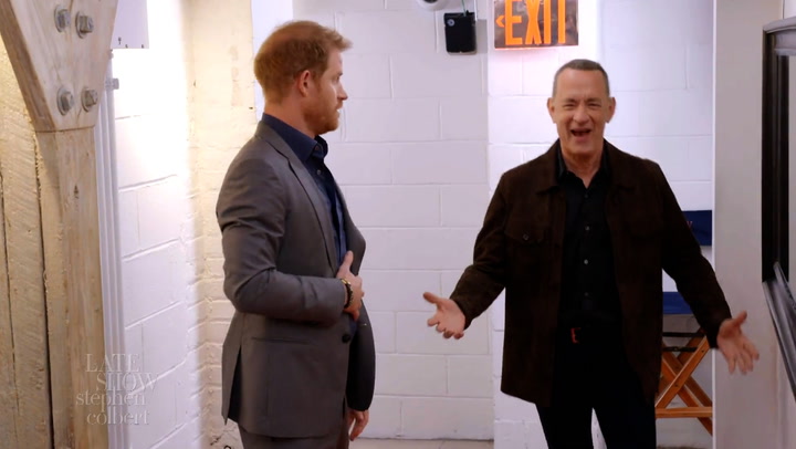 ‘Where’s my fanfare?’: Prince Harry and Tom Hanks perform skit on The Late Show