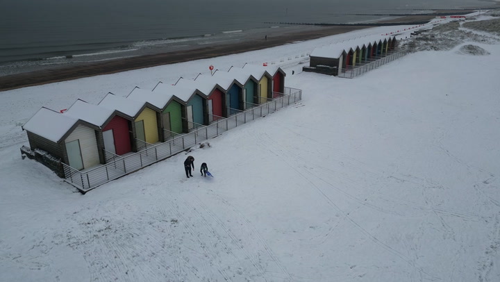 Blyth beach covered in snow as temperatures plunge across the UK