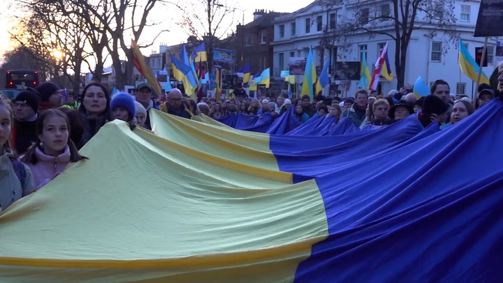 Londoners march to Russian embassy to mark anniversary of invasion of Ukraine