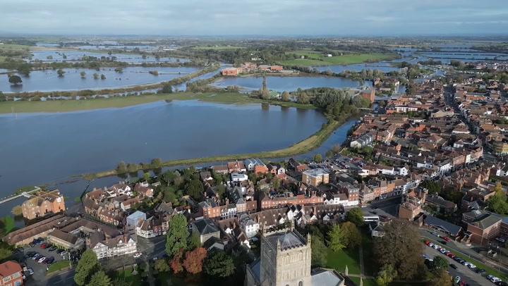 Drone footage captures flooded fields in Gloucestershire following heavy rainfall