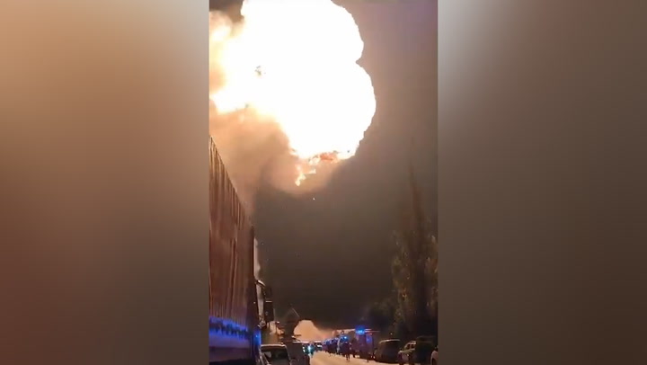Moment explosion happened at gas station in Romania