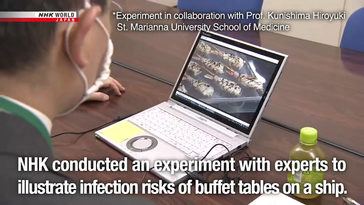 Cómo se esparce el coronavirus en un buffet de un crucero - Fuente: NHK World Japan