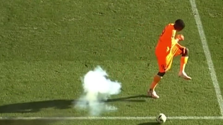 Firecracker explodes near goalkeeper as he's stretchered off pitch in league match